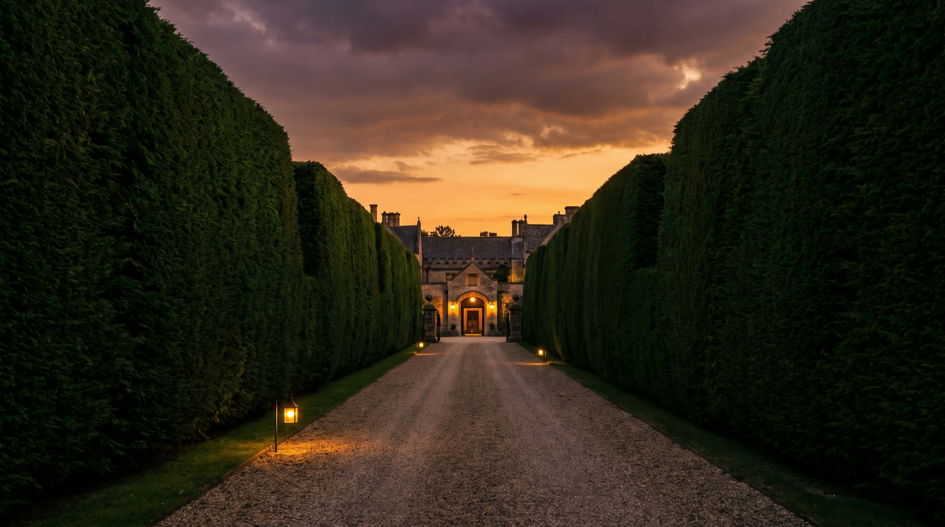 Longue allée de gravier au crépuscule, bordée de hautes haies de cèdres parfaitement taillées menant à l'entrée illuminée d'une grande résidence